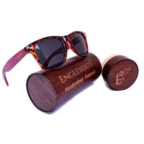 Engleberts Artisan Engraved Red Bamboo Tortoise Framed Sunglasses With Wood Case